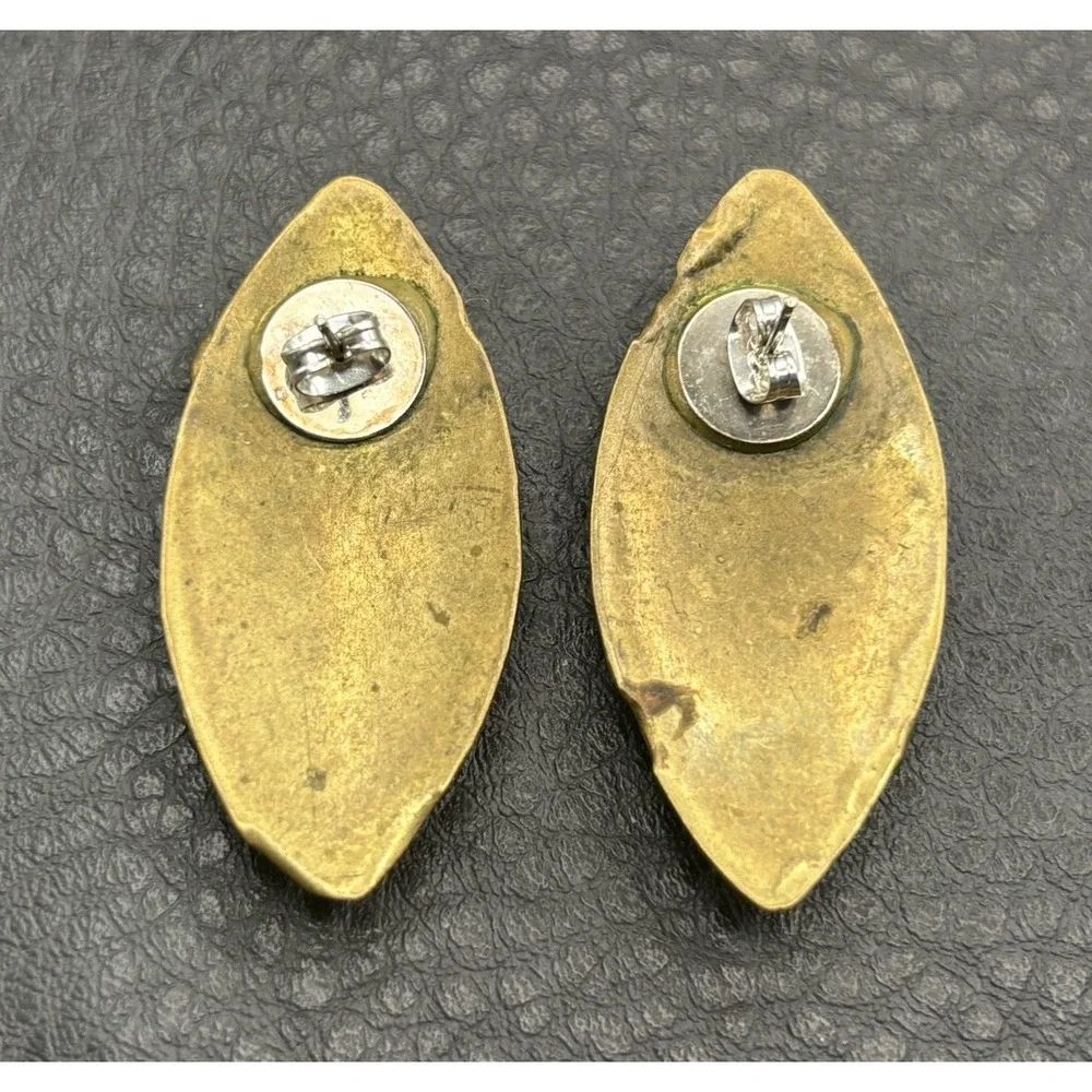 Vintage 80s Brutalist Mixed Metal Faux Amber Earrings Copper Brass Modernist